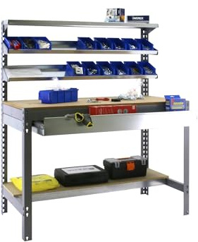SimonRack Werkbank 600 kg Belastbarkeit, 144,5x151x76 cm, 1 Schublade, Große Arbeitsfläche Arbeitsfläche, Arbeitstisch, Holz-Arbeitsplatte, Grau/Holz - BT1