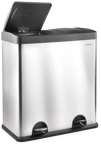 VonHaus Kitchen Bin, 60L Double Recycling Bin for Kitchen, Stainless Steel Double Compartment Food Waste Bin with Non-Slip Base & Removable Inner Bins, 2 x 30L Extra Large Airtight Pedal Bin