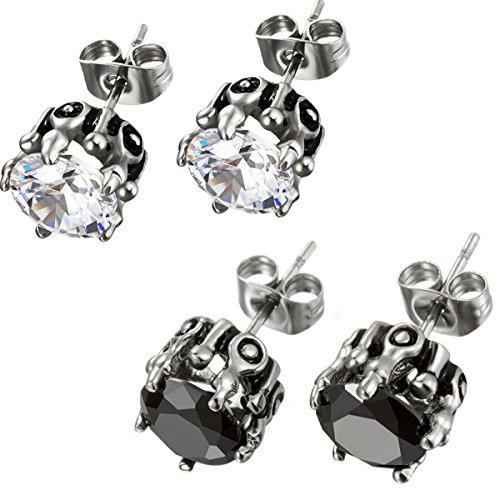 Flongo 4 PCS Edelstahl Ohrstecker Ohrringe Gestüt Stecker Ohrhänger Zirkonia Schwarz Weiß Silber Königliche König Krone (2 Paar) Retro Herren, Damen