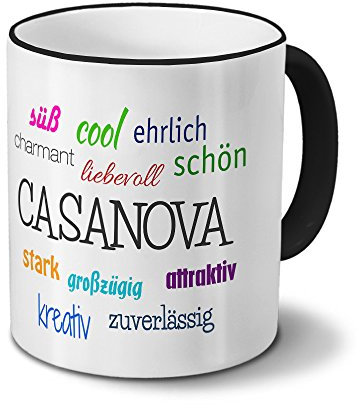 printplanet Tasse mit Namen Casanova - Motiv Positive Eigenschaften - Namenstasse, Kaffeebecher, Mug, Becher, Kaffeetasse - Farbe Schwarz