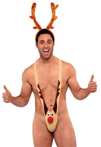 Smiffys Rudolf Kini for Men, Funny Christmas Novelty Mankini with Reindeer Face Design, Festive Fancy Dress Costume for Holiday Parties & Beach Celebrations