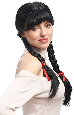 WIG ME UP - XR-008-P103 Perücke Damen Karnveval Fasching Cosplay Zöpfe geflochten mit Schleifen Pony Schulmädchen Lolita Schwarz ca. 60 cm
