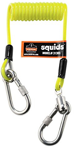 Ergodyne Squids 3130S Coiled Cable Tool Lanyard with Dual Stainless Steel Carabiners, 2 Pounds