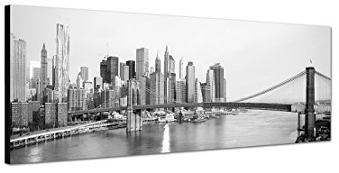 Wandbild schwarz weiß auf Leinwand als Panorama in 120x40 cm New York und Brooklyn Bridge Hängebrücke über den East River Manhattan Skyline in New York City! bestforhome Das Beste für Ihre Wand!