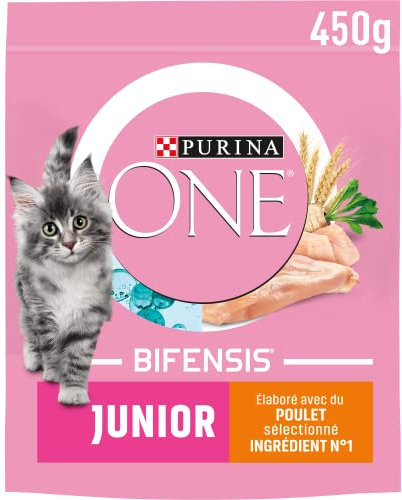 Purina One Junior 1 bis 12 Monate mit Huhn und Vollkornkätzchen Trockenfutter, 450g