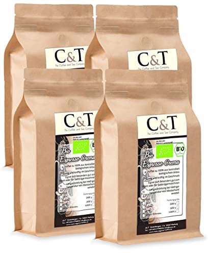 Organic Bio Espresso Crema | Cafe 4 x 1000 g grains entiers Gastro-Sparpack dans un sac en papier kraft Café pour porte-filtre, machines automatiques, cafetières espresso
