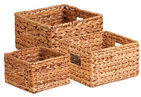 Honey Can Do DREI gewebte Aufbewahrungskörbe aus Wasserhyazinthe mit Griffen, Bananenblatt, Stahl, Natur, 3-Pack, 3