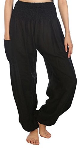 Lofbaz Damen Haremshose Yogahose Pumphose Hippie Hose Boho Kleidung Festival Outfit Sommerhose Leicht Sommer Hosen - Solid 1 Schwarz S