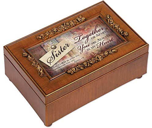 Sister Cottage Garden Rich Walnut Finish with Brushed Gold Rose Trim Petite Jewelry Music Box - Plays Song Amazing Grace by Cottage Garden