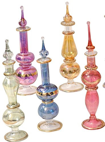 CraftsOfEgypt Genie Blown Glass Miniature Perfume Bottles for Perfumes & Essential Oils, Set of 5 Decorative Vials, Each 4 High (12cm), Assorted Colors