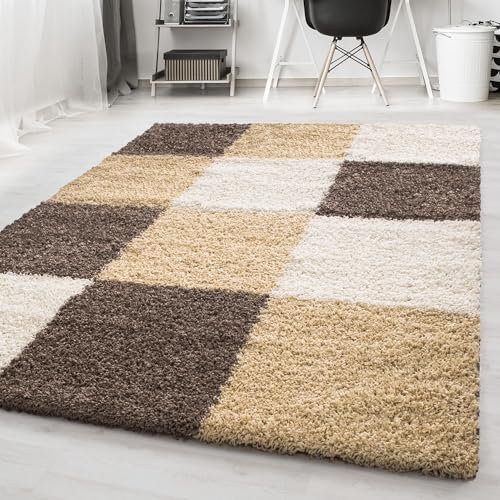 Carpetsale24 Hochflor Teppich Shaggy kariert 80x250 cm Mokka, flauschig & weich, modernes Karo Design, rechteckig, ideal für Lange Flure oder Küche, stilvoll & schmal geschnitten
