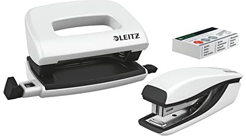 Leitz Set con Mini Cucitrice e Perforatore, Capacità fino a 10 Fogli, Include Punti, Gamma WOW, Bianco
