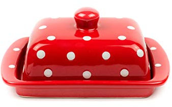 UNGARNIKAT - Butterdose Keramik - Landhaus Vintage Butterglocke und Butterschale - 250g - Rot mit handbemalten weißen Punkten - Butterschale mit Deckel und Griff - Spüllmaschinenfest