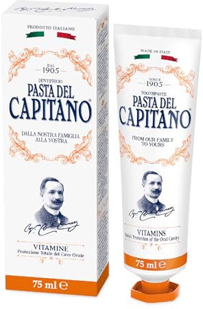 Pasta del Capitano 1905, Zahnpasta mit Vitaminen A-C-E, Fördert den umfassenden Schutz der Mundhöhle, Geschmack nach Pfefferminze, Krauseminze und Menthol, 100% Made in Italy, 75 ml Tube