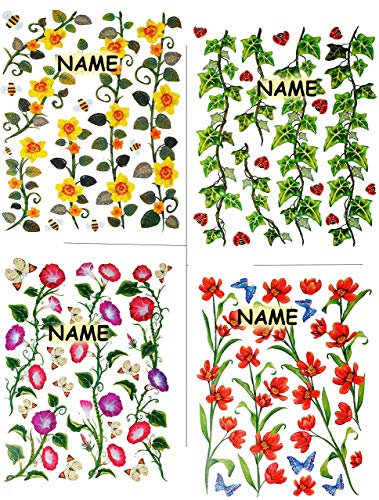 alles-meine.de GmbH 1 Bogen Glitzer Fensterbilder - Blumenranken & Tiere - incl. Name - statisch haftend - selbstklebend + wiederverwendbar/Fensterbild - z.B. für Fenster..