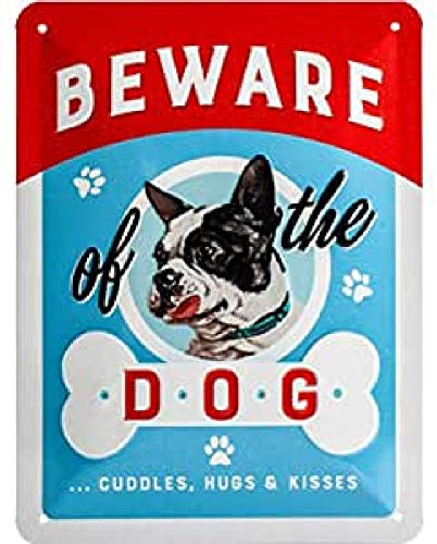 Nostalgic-Art Retro Blechschild, Beware of the Dog...Kisses – Geschenk-Idee für Hunde-Liebhaber, aus Metall, Vintage-Design zur Dekoration, 15 x 20 cm