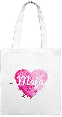 Jutebeutel mit Namen Maja - Motiv Painted Heart - Farbe weiß – Stoffbeutel, Jutesack, Hipster, Beutel