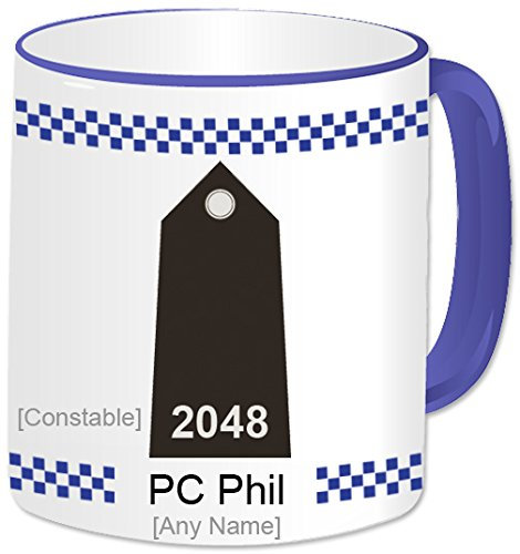 Personalised Police Mug - Police Insignia - with Blue Chequered - Blue Handle - (A GoPersonalised Design)
