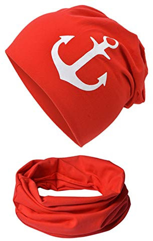 Baby Kinder Jersey Slouch Beanie Long Mütze mit Anker Unisex Baumwolle Trend Babybeanie-WeissAnker-Rot-48
