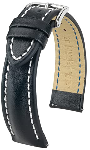 HIRSCH Heavy Calf L, Contrast Stitching Watch Strap in Black, 18 mm, Steel Buckle