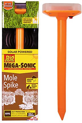The Big Cheese Hi-Vis Mega-Sonic Solar Mole Repeller Spike. Solar Powered Weather-Resistant Mole Deterrent for Continuous Protection of Lawn and Garden Areas, Orange