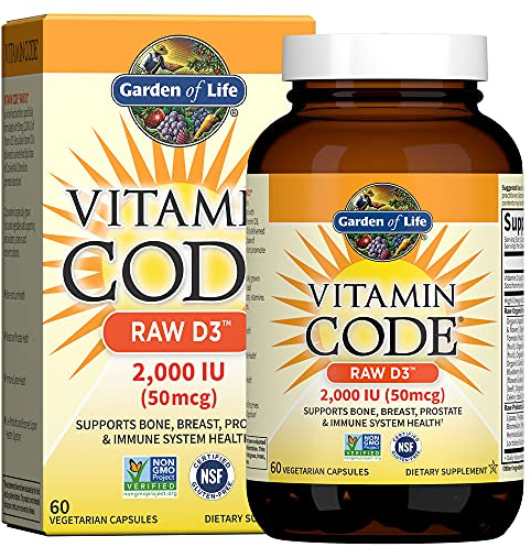 Garden of Life Vitamin D, Vitamin Code Raw D3, Vitamin D 2,000 IU, Raw Whole Food D3 Supplements with Chlorella, Fruit, Veggies & Probiotics for Bone & Immune Health, 60 Vegetarian Capsules