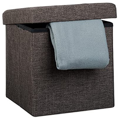 Relaxdays Faltbarer Sitzhocker, Sitzcube als Fußablage, Sitzwürfel aus Leinen, Deckel zum Abnehmen, 38x38x38 cm, braun