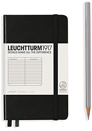 LEUCHTTURM1917 Notizbuch Pocket A6, Hardcover, Schwarz, Liniert | 187 nummerierte Seiten, 80 g/m² Papier, säurefrei, 2 Lesebändchen, Kunstleder