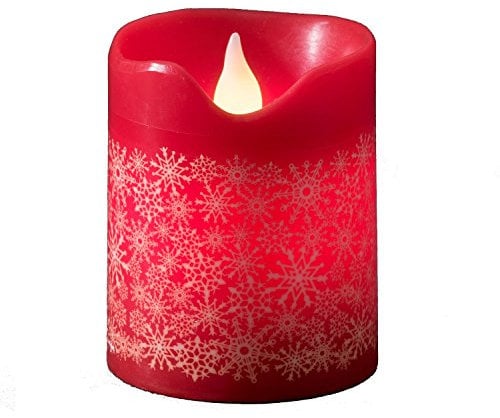 Konstsmide LED Echtwachskerze, rot, zerlaufene Wachsoptik, weißes Muster mit weißen Schneeflocken, 4h und 8h Timer, 1 warm weiße Diode, batteriebetrieben, Innen - 1957-555