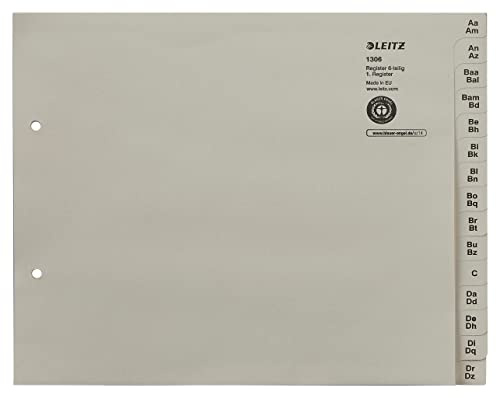 Leitz Register, Trennblätter mit Taben und alphabetischem Aufdruck A-Z für 6 Ordner, Halbe Höhe und Überbreite, Grau, 100% recyceltes Papier, Blauer Engel Siegel, 13060085