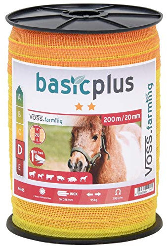 VOSS.farming Nastro per recinzone elettrica, Lunghezza 200 m, Larghezza 20 mm,Acciaio Inox 5 x 0,16, Colore Arancione/Giallo