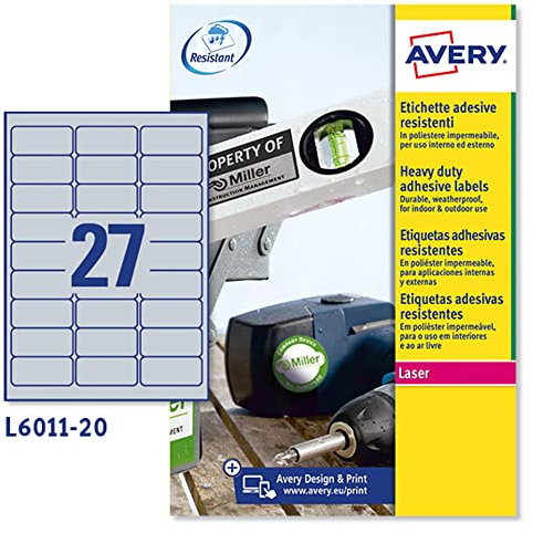 Avery L6011-20 Robuste Laseretiketten ( 27 Stück pro Blatt, 63,5 x 29,6 mm) 540 Etiketten in Silber