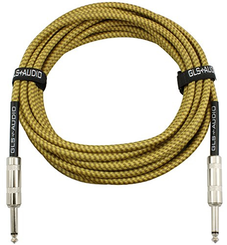 GLS Audio 20 Foot Guitar Instrument Cable - 1/4 Inch TS to 1/4 Inch TS 20 FT Brown Yellow Tweed Cloth Jacket - 20 Feet Pro Cord 20' Phono 6.3mm - SINGLE