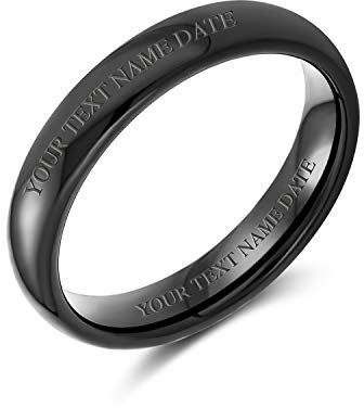 Bling Jewelry Personalisierter Einfacher Schwarzer Kuppel-Titan-Ehering für Paare, Männer und Frauen, Komfort-Passform 4MM, Individuell Graviert