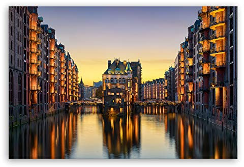 ge Bildet Bild auf Leinwand | Wasserschloss in der Speicherstadt - Hamburg D in 120x80 cm als Wandbild XXL | Wand-deko Dekoration Wohnung modern Bilder | 2211