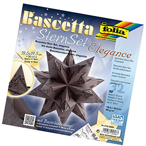 folia 215/1515 - Bastelset Bascetta Stern Elegance, Pearls anthrazit, 32 Blatt, 14,5 x 14,5 cm, fertige Größe des Papiersterns ca. 20 cm, mit ausführlicher Anleitung - ideal zur zeitlosen Dekoration