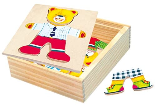 Bino world of toys Ankleidepuzzle Bär Willi, Motorikspielzeug, Kinderspiel (Legepuzzle mit verschiedenen Outfits, Motorikspiel zur Förderung kindlicher Fähigkeiten, stabiles Holzspielzeug)mehrfahrbig