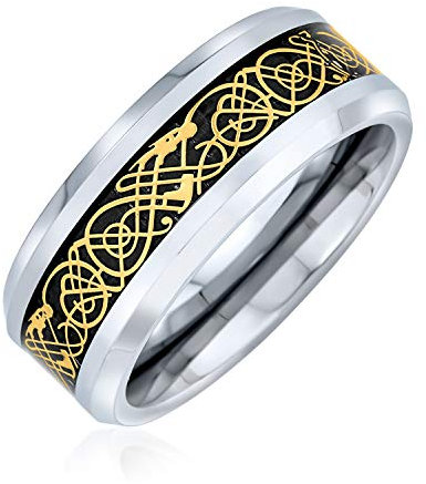 Bling Jewelry Goldenes Schwarzes Silber Zweifarbiges Keltisches Knoten Drache Inlay Paare Titanium Hochzeit Band Ringe Für Männer Für Frauen 8Mm