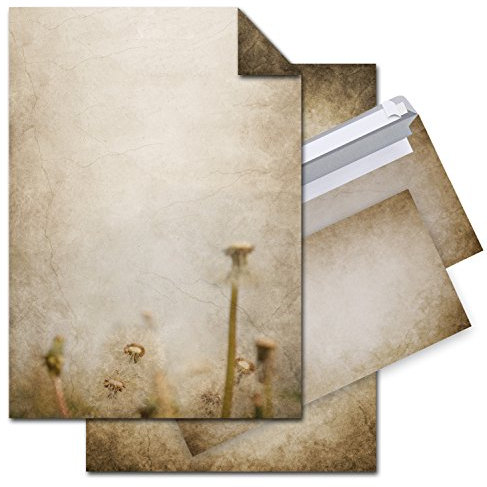 Logbuch-Verlag Schreibpapier Set 25 Blatt Briefpapier vintage mit Pusteblume + 25 Kuverts beige braun marmoriert - Papier bedruckbar & beschreibbar