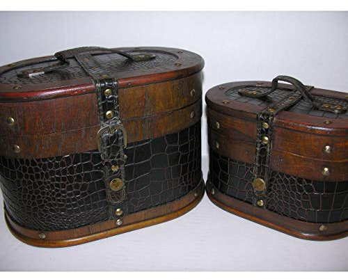 gr Nostalgisches ovales Hutkoffer-Set 28/23cmHolz Leder Hutschachtel Truhe Antik-Stil Box