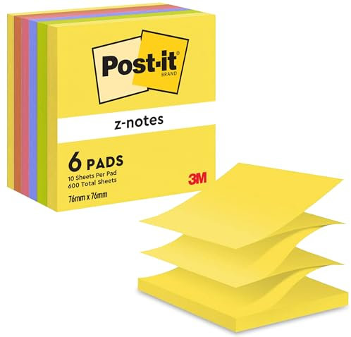 Post-it Z-Notes Neon Rainbow Collection, Packung mit 6 Blöcken, 100 Blatt pro Block, 76 mm x 76 mm, Farben: Gelb, Grün, Lila, Pink, Orange - Selbstklebende Notizzettel für Notizen