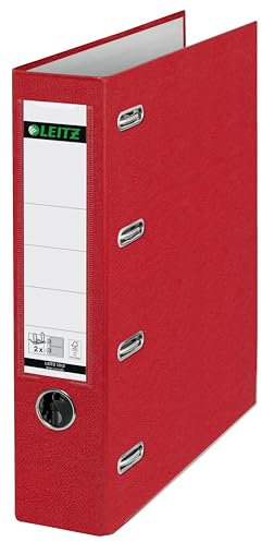 Leitz Plastik-Doppelordner mit zwei Mechaniken A4, Rot, 8,2 cm Rückenbreite, PP-laminierter Einband, 2 x für Format A5 quer, 10120025