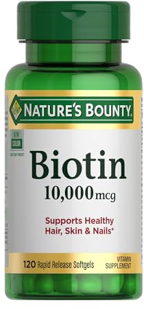 Nature's Bounty Biotin Hair Skin and Nails Vitamins, Supports Healthy Hair, Skin and Nails, 10,000 mcg, 120 Softgels (Pack of 1)
