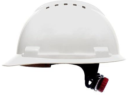 BBU Bauhelm SP200T Schutzhelm Bauarbeiterhelm - EN 397 Zertifiziert, Leicht & Belüftet, HDPE, 4-Punkt-Befestigung, Kurzes Visier, Schraubenverstellung, 348g, Zubehör-Öffnungen Weiß