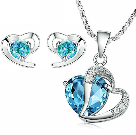 Kim Johanson Edelstahl Damen Schmuckset *Türkis Herz* Silber Halskette mit Anhänger & Ohrringe mit Zirkonia Steinchen besetzt inkl. Schmuckbeutel