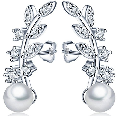 Unendlich U Pendientes Trepadores de Plata 925 Forma de Hoja Brillante con 6 mm Perla Studs para Mujeres Niñas Chicas