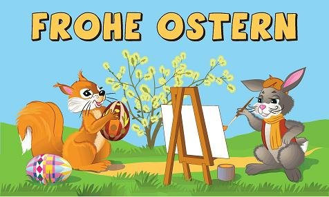 2 Osterhasen mit Maler Staffel, Ostern2 Fahne Flagge Grösse 1,50 x 0,90m - FRIP –Versand®