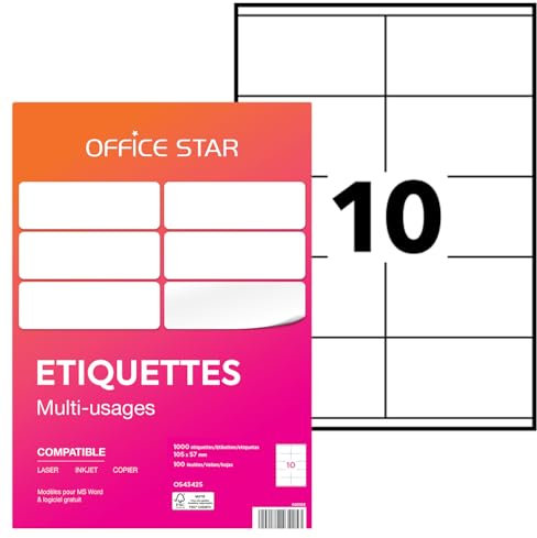 OFFICE STAR - 1000 Étiquettes Autocollantes Multi-Usages Blanches Personnalisables Imprimables - Format 105 x 57 mm - Impression Laset Jet d'Encre et Copieur