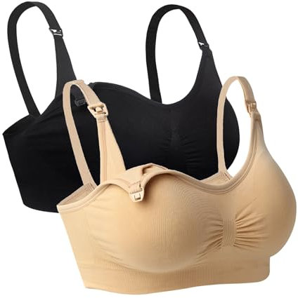 iloveSIA 2X Damen Umstands Breast Feeding Ohne Bügel Still BH mit Schalen Schwarz+Ekrü,XL 85BC