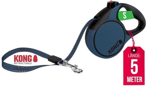 KONG ausrollbare Hundeleine in 5m Länge I Für kleine Hunde bis 20kg I Größe S I Hochwertige Rollleine mit Break & Lock System in blau I komfortable Leine mit Softgriff & reflektierendem Gurt